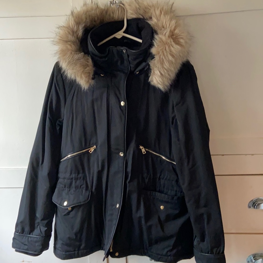 Zara TRF black fur hooded coat! Size L . So warm and like new